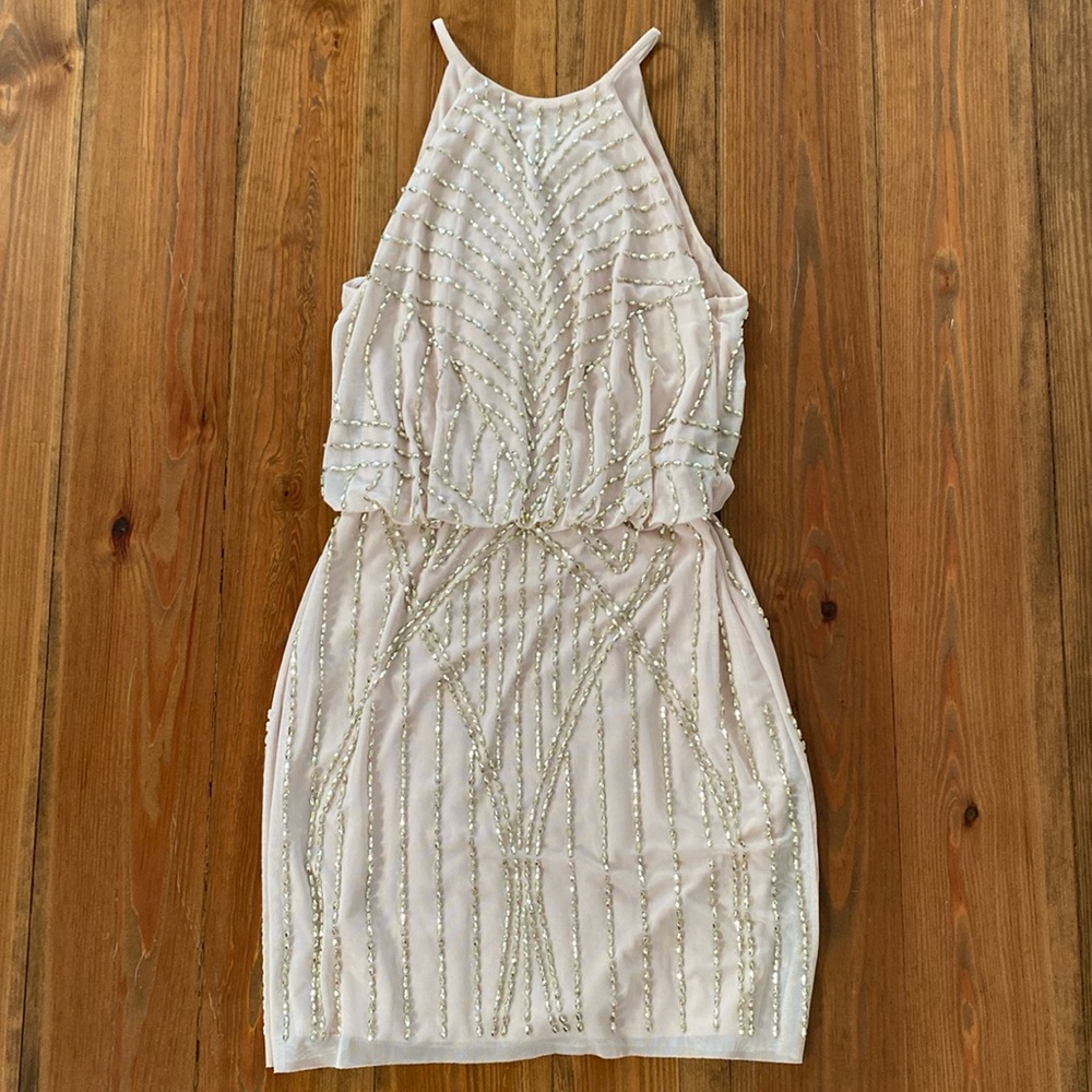 Silver Beaded Blush Pink Halter Mini Dress